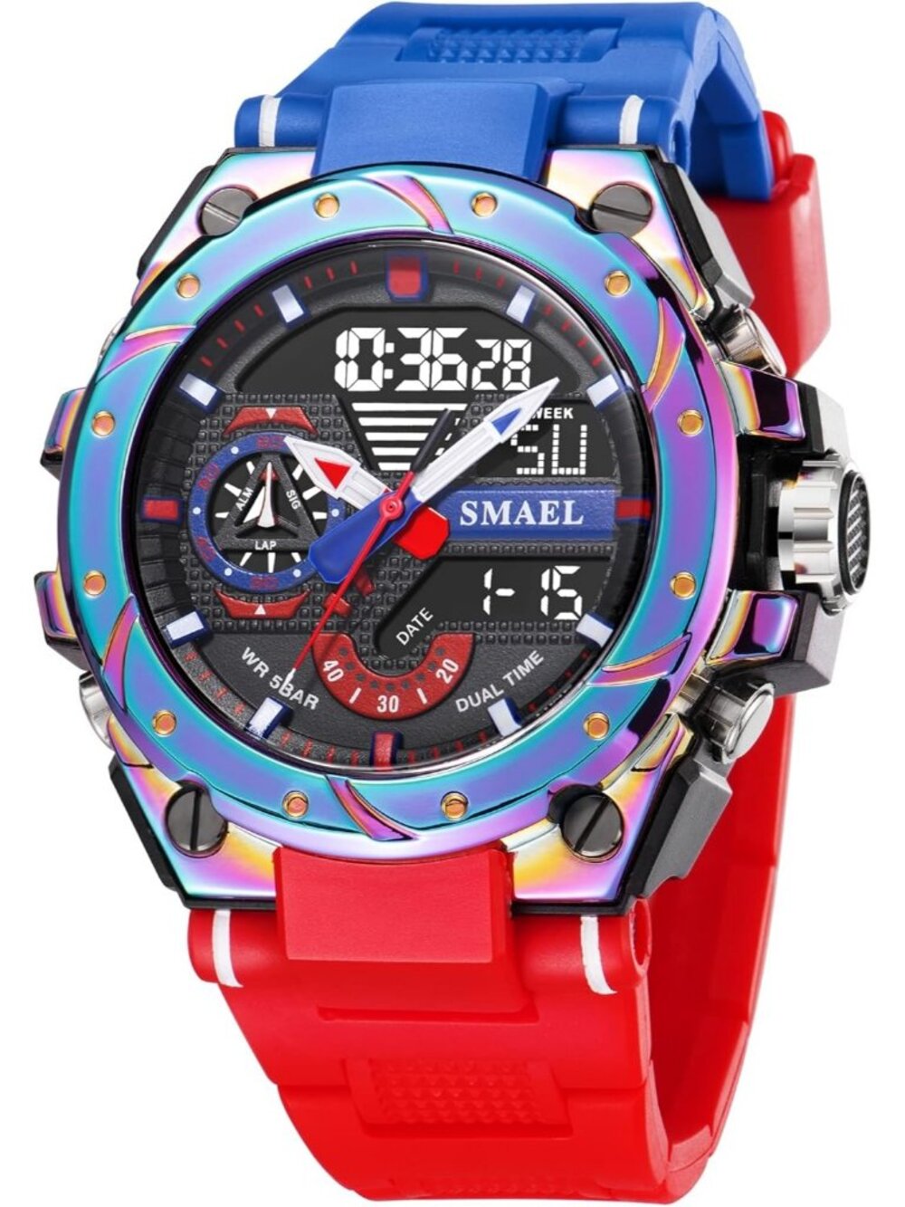 Men's Red And Blue Analog Quartz Sports Waterproof Military LED Digital Watch